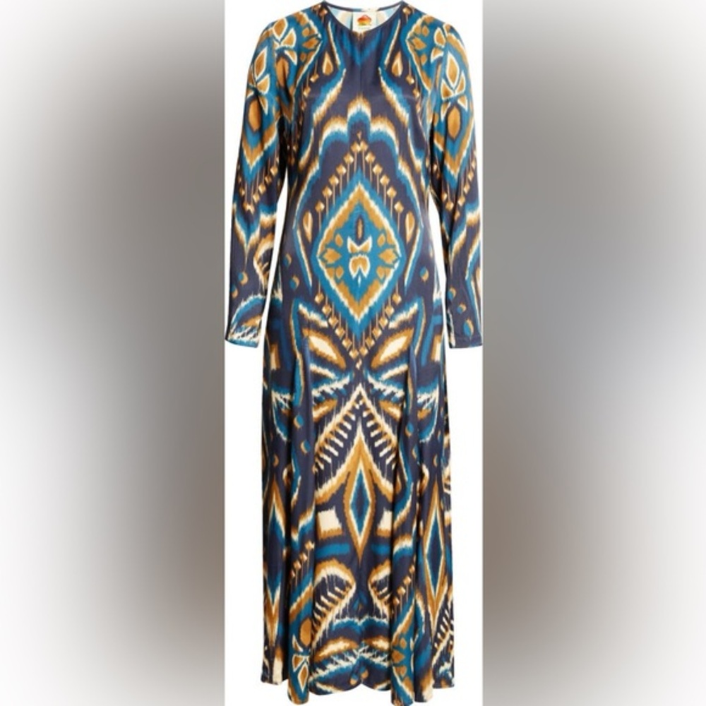 FARM RIO Ikat Print Long Sleeve Satin Maxi Dress Sz: Medium $275 Pineapple blue